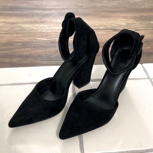 Black suede block heels with ankle strap